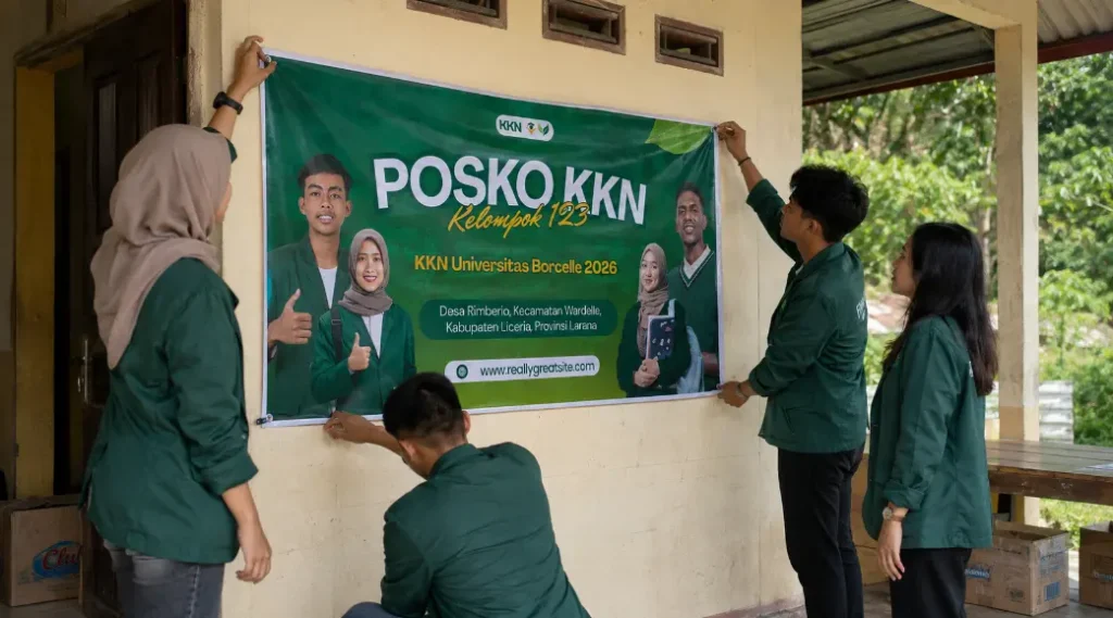Memasang spanduk di posko KKN