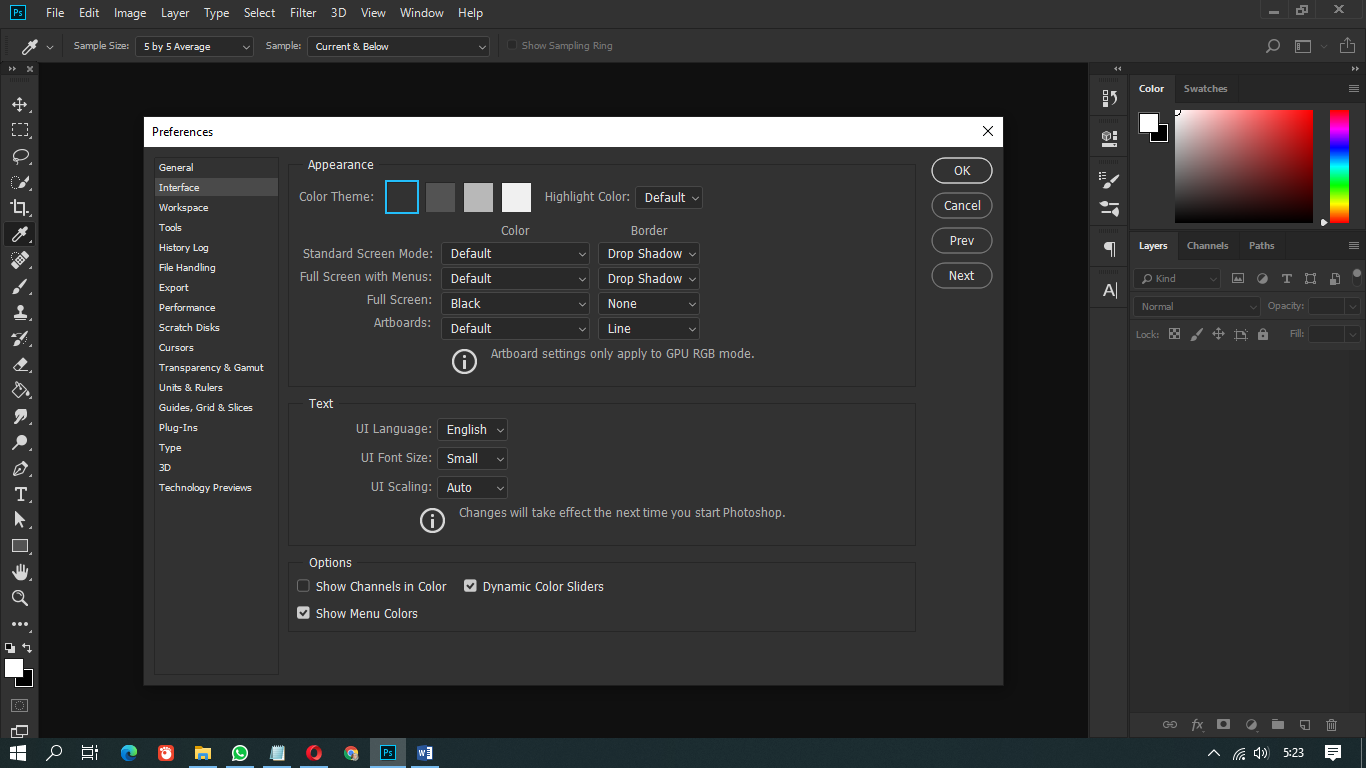 tampilan ubah tema photoshop