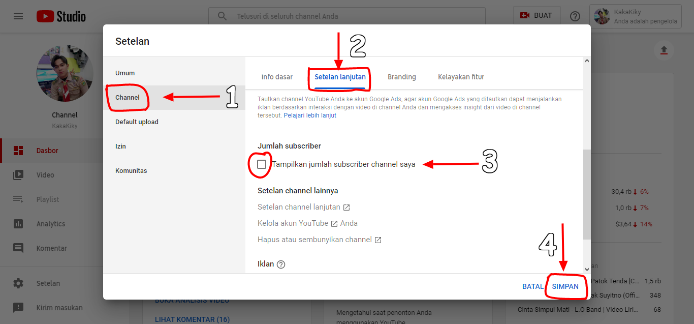 menyembunyikan subscribers youtube di dashboard terbaru