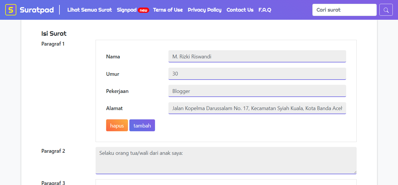masukkan data orang tua